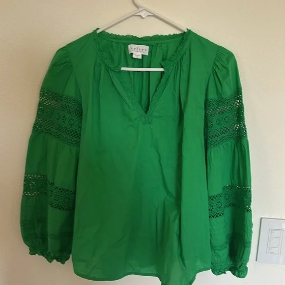 Velvet by Graham & Spencer Tayler Green Cotton Lace Top – Romantic Preppy Boho - Picture 3 of 6